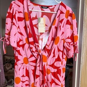 BTFBM Pink & Red Daisy Midi Dress with Orange Accents